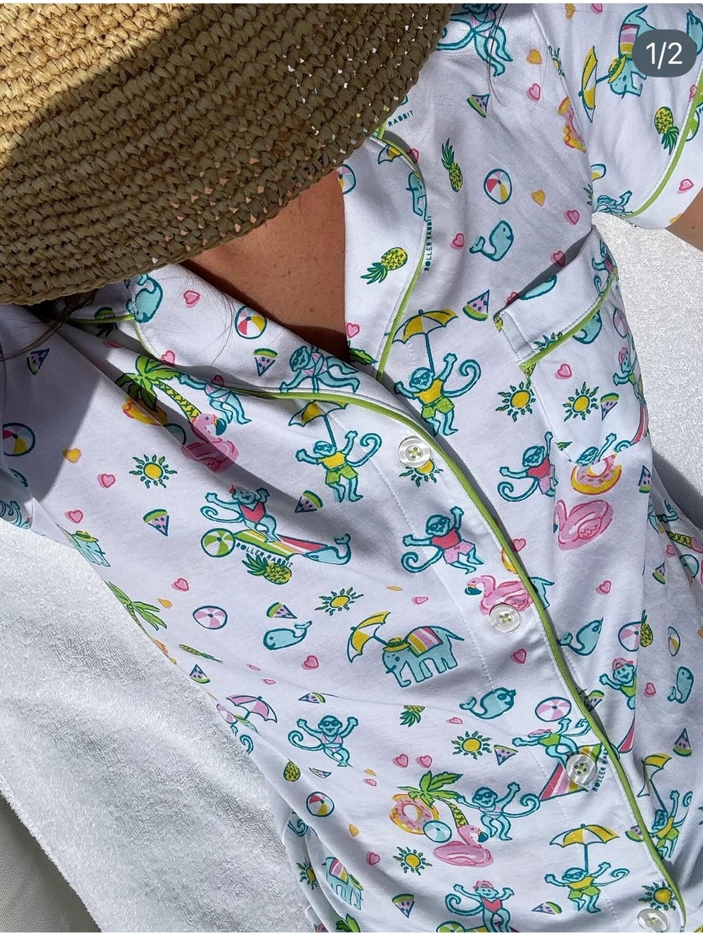 Roller Rabbit Pool Party Polo Pajama Top Monkey Pink Pima Cotton